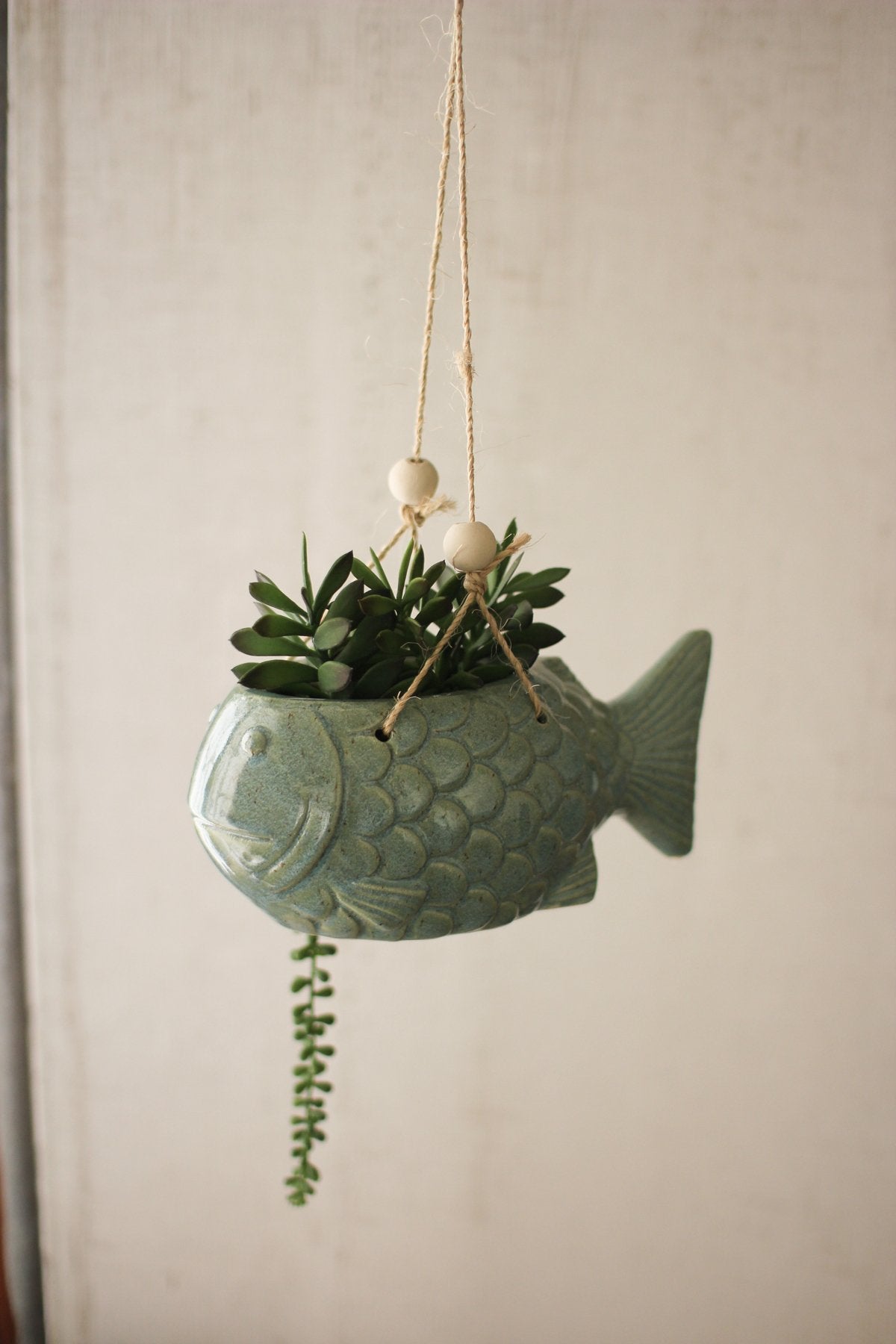 Kalalou Hanging Blue Ceramic Fish Planter