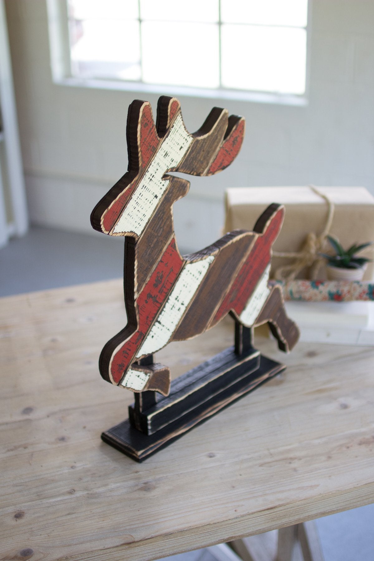 Kalalou Recycled Painted Wooden Deer On A Stand