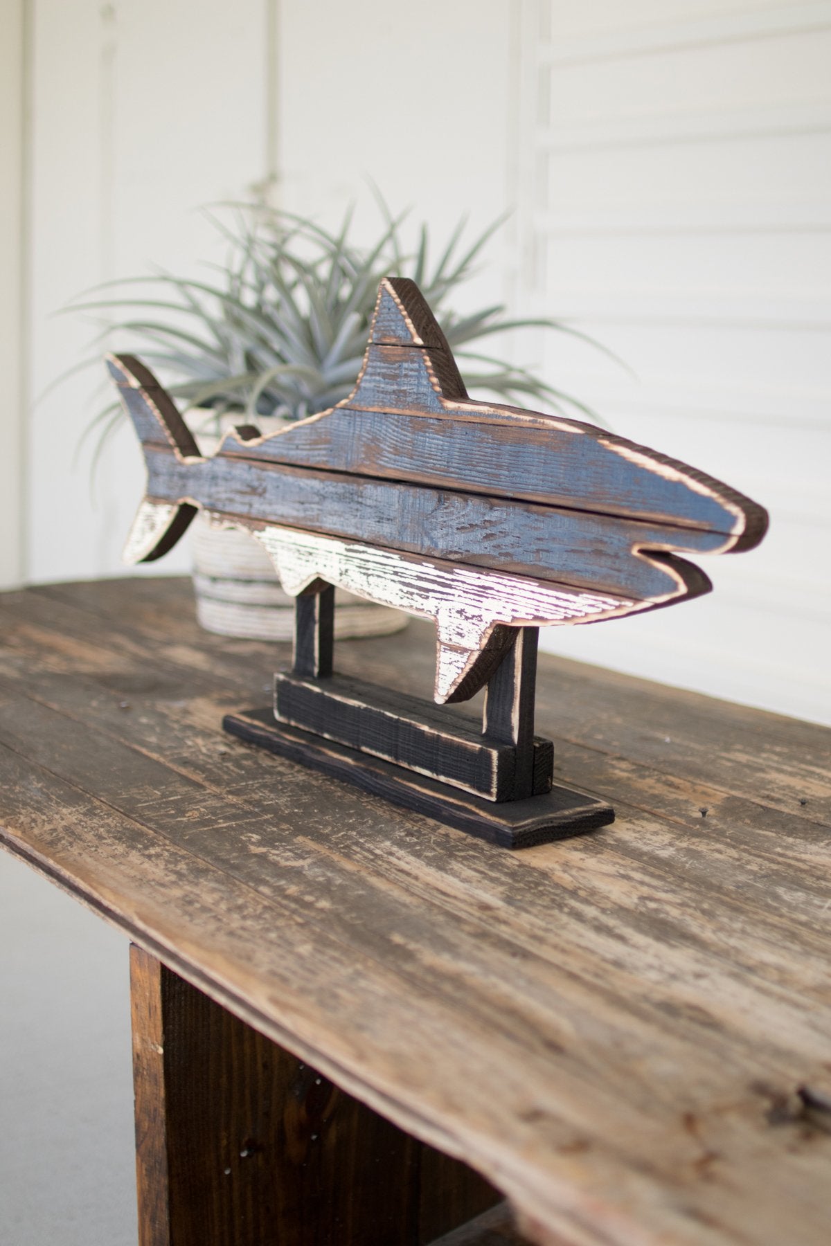 Kalalou Recycled Painted Wooden Shark On A Stand