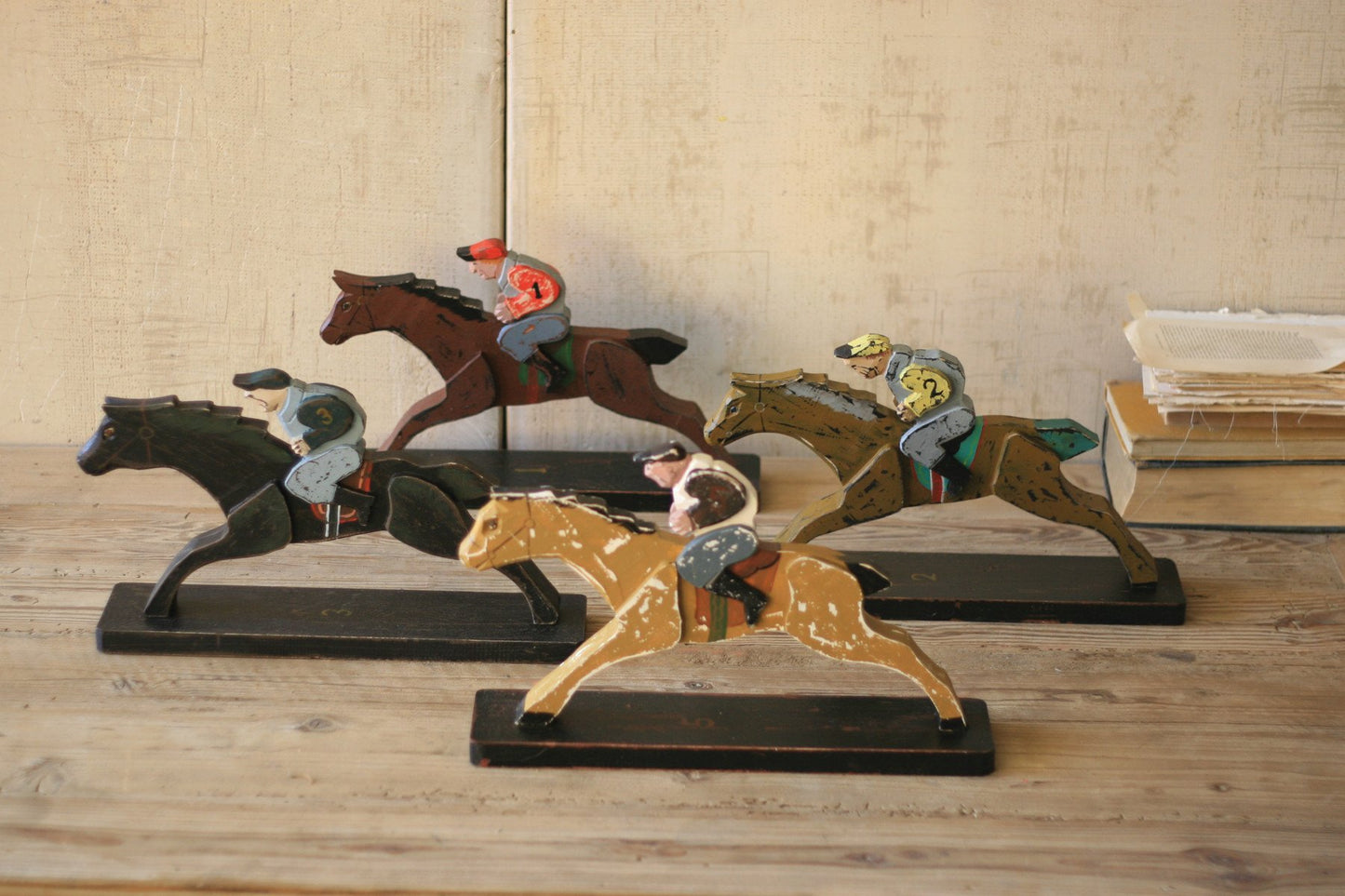 Kalalou Wooden Horse And Jockeys - Set Of 4