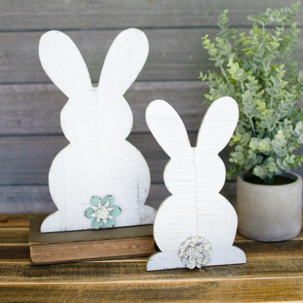 Kalalou Set Of 2 Whitewashed Wooden Rabbits