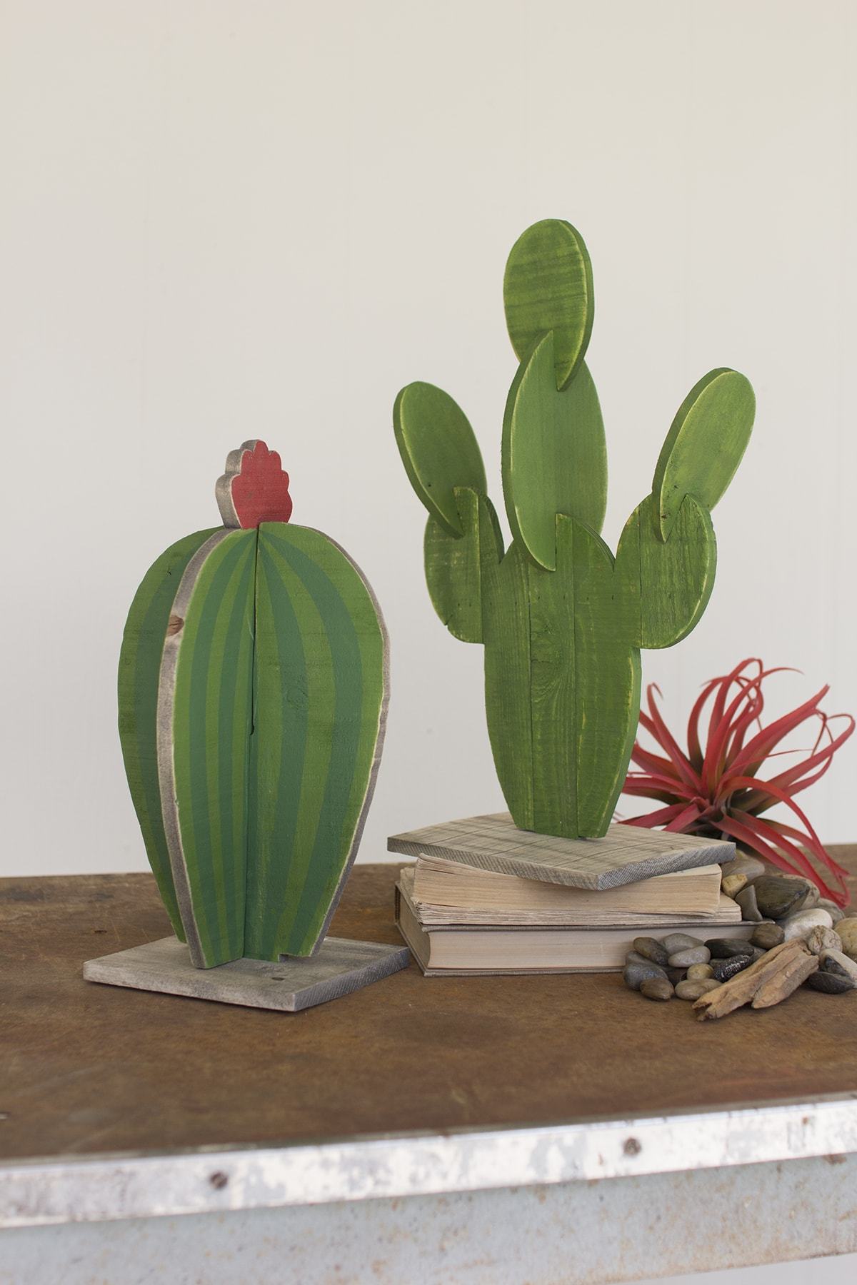 Kalalou Set Of 2 Painted Wooden Cactus