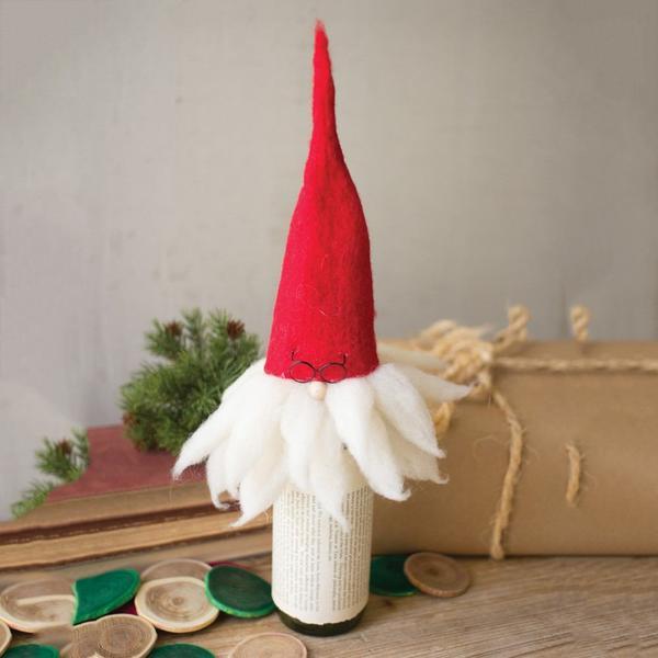 Kalalou Felt Santa With Glasses Wine Topper - Set of 2