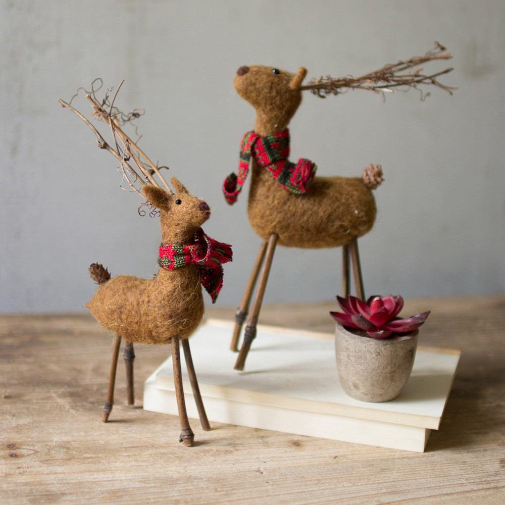 Kalalou Brown Felt Deer With Red And Green Scarf - Set of 2