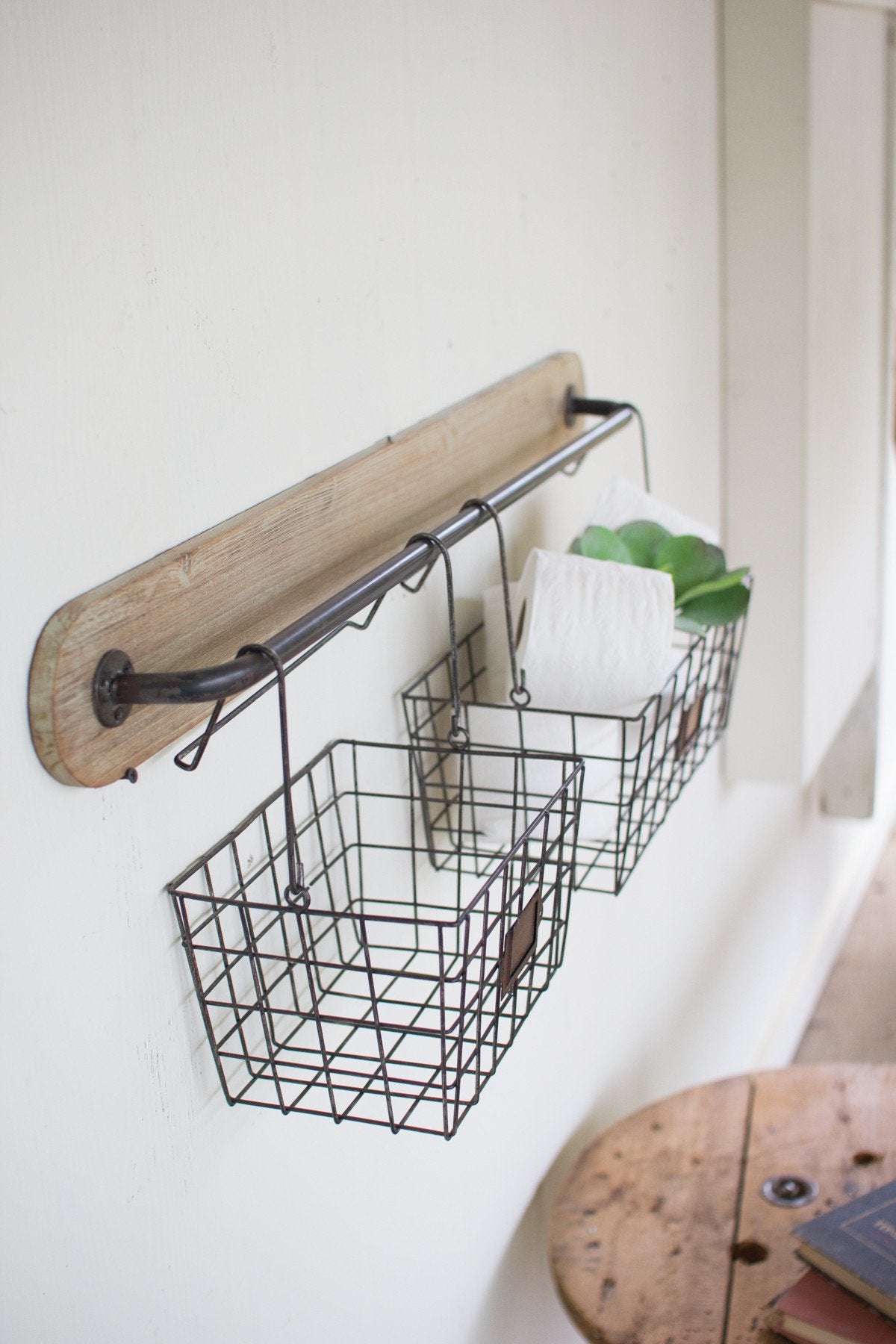 Kalalou Wood And Metal Wall Bracket With 2 Wire Baskets