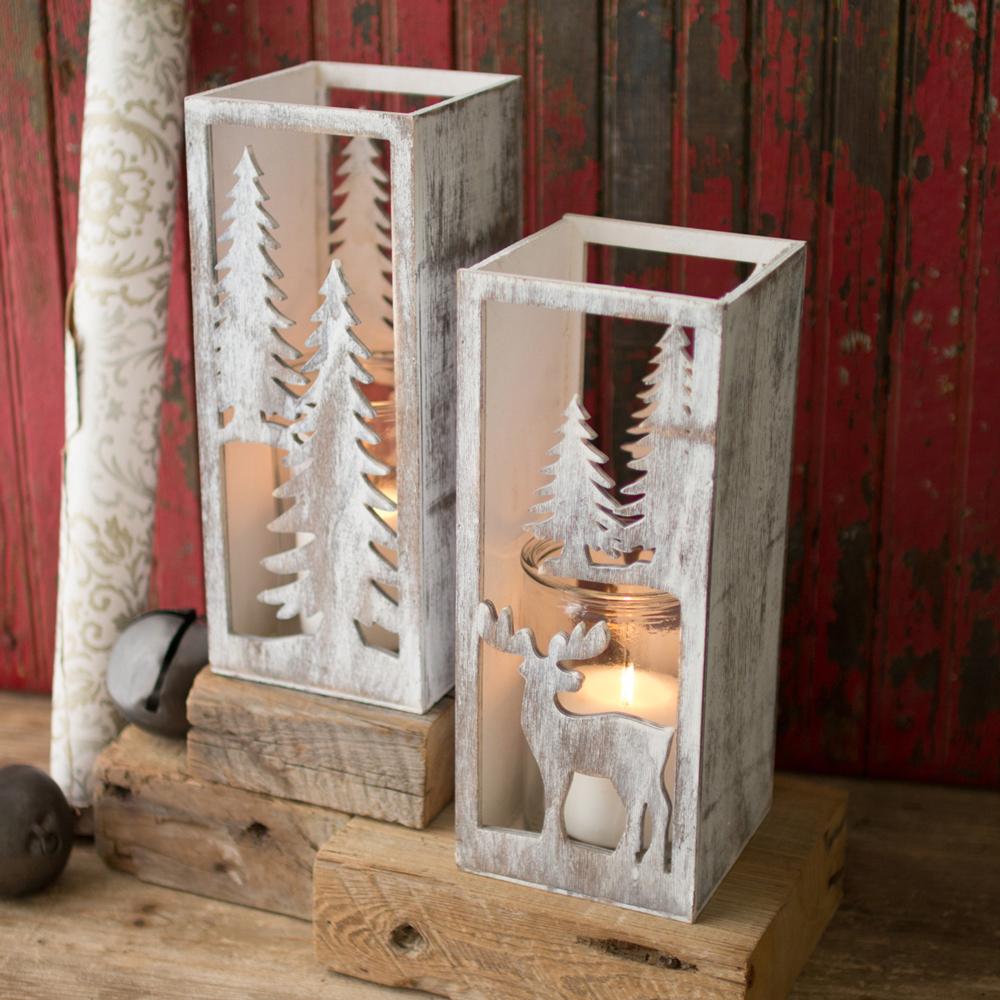 Kalalou Set Of 2 Tall Wooden Christmas Candle Holders With Glass Inserts