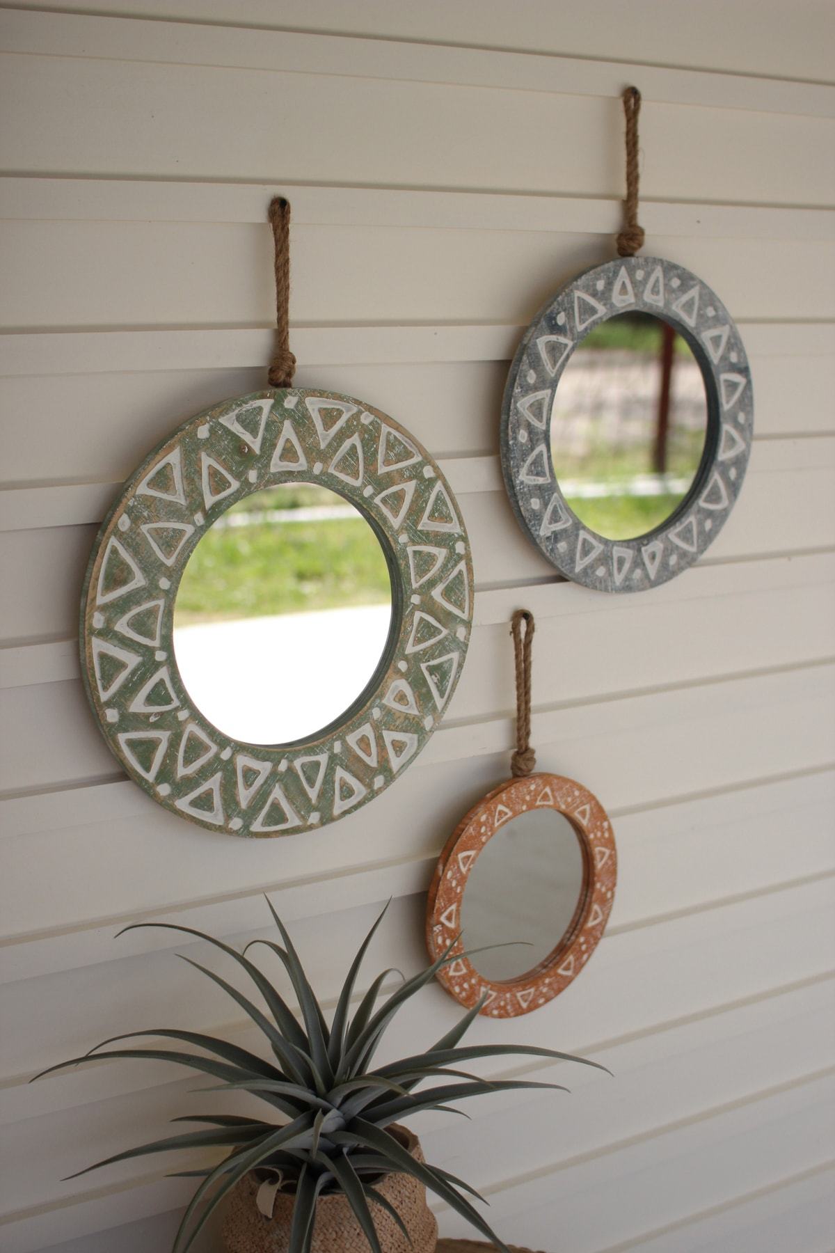 Kalalou Set Of 3 Round Wooden Mirrors With Rope Hangers