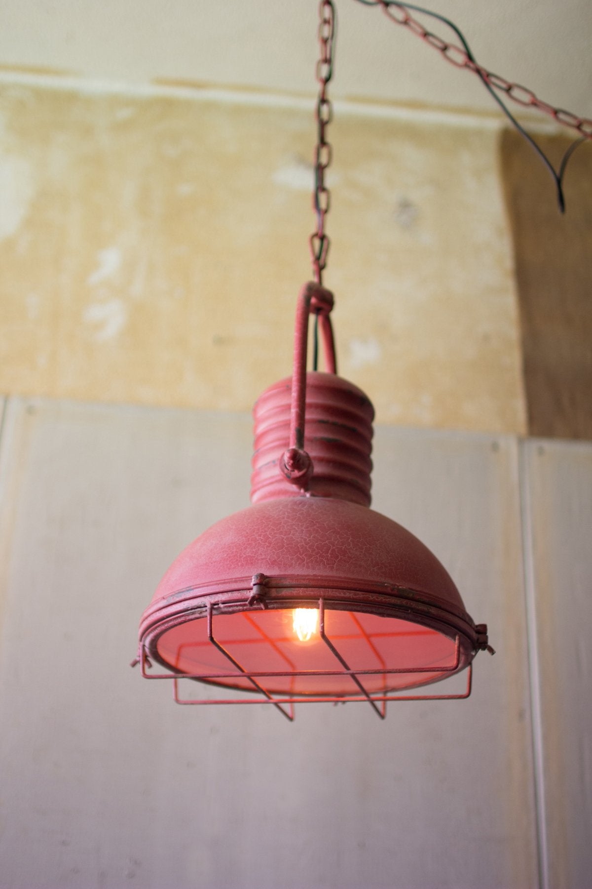 Kalalou Antique Red Pendant Light With Glass & Wire Cage
