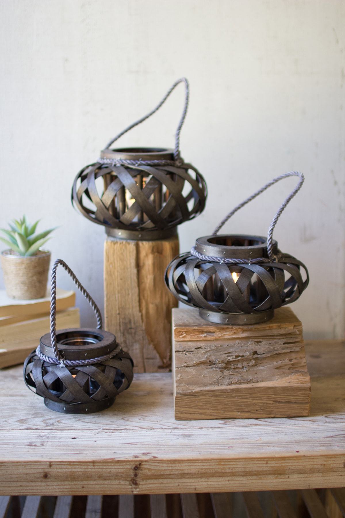 Kalalou Set Of 3 Dark Brown Chipwood Votive Lanterns With Glass