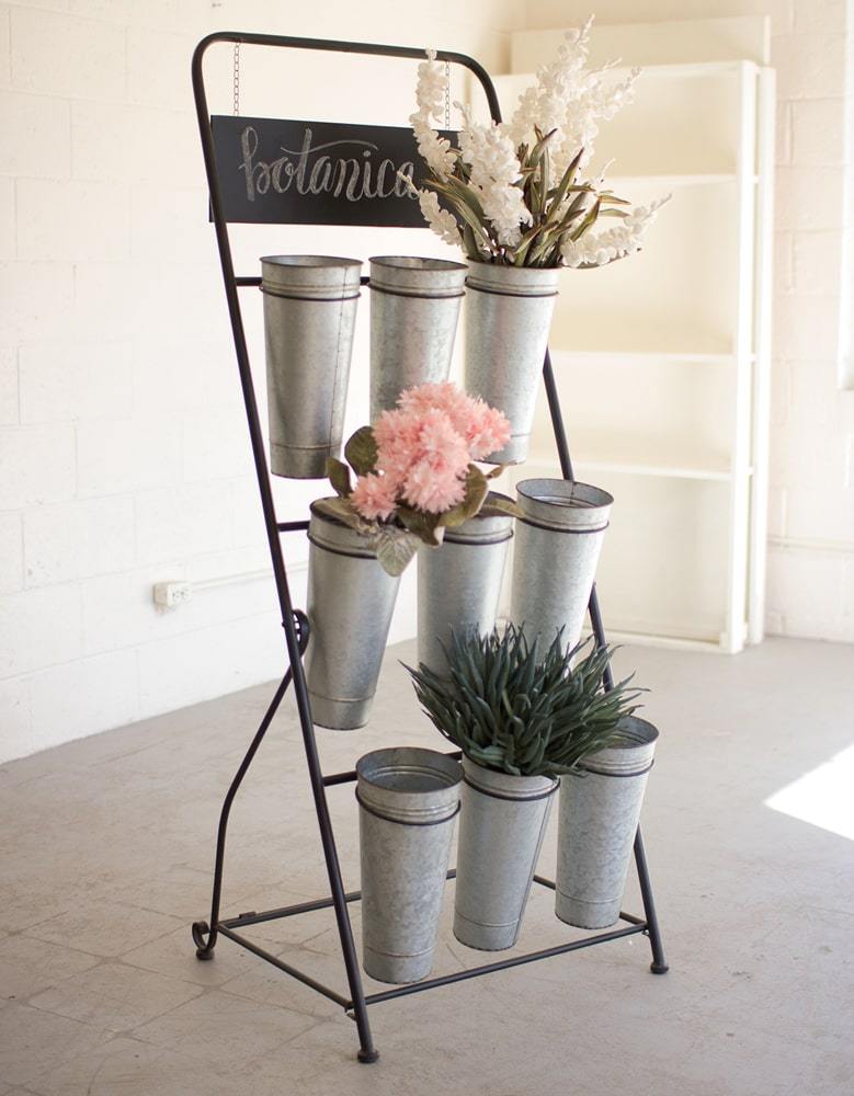 Kalalou Flower Rack With Nine Galvanized Buckets