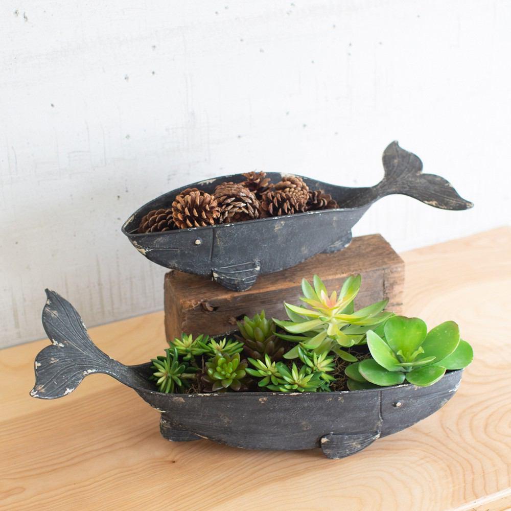 Kalalou Set Of 2 Metal Whale Planters