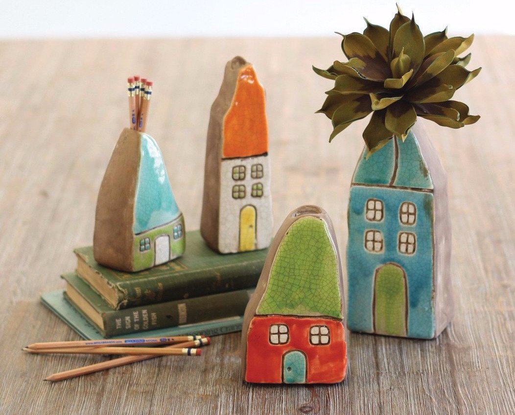 Kalalou Colorful Ceramic House Bud Vases - Set Of 4