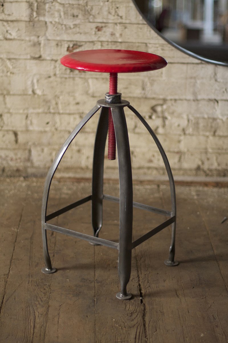 Kalalou Metal Stool With Adjustable Seat - Red Seat With Raw Base