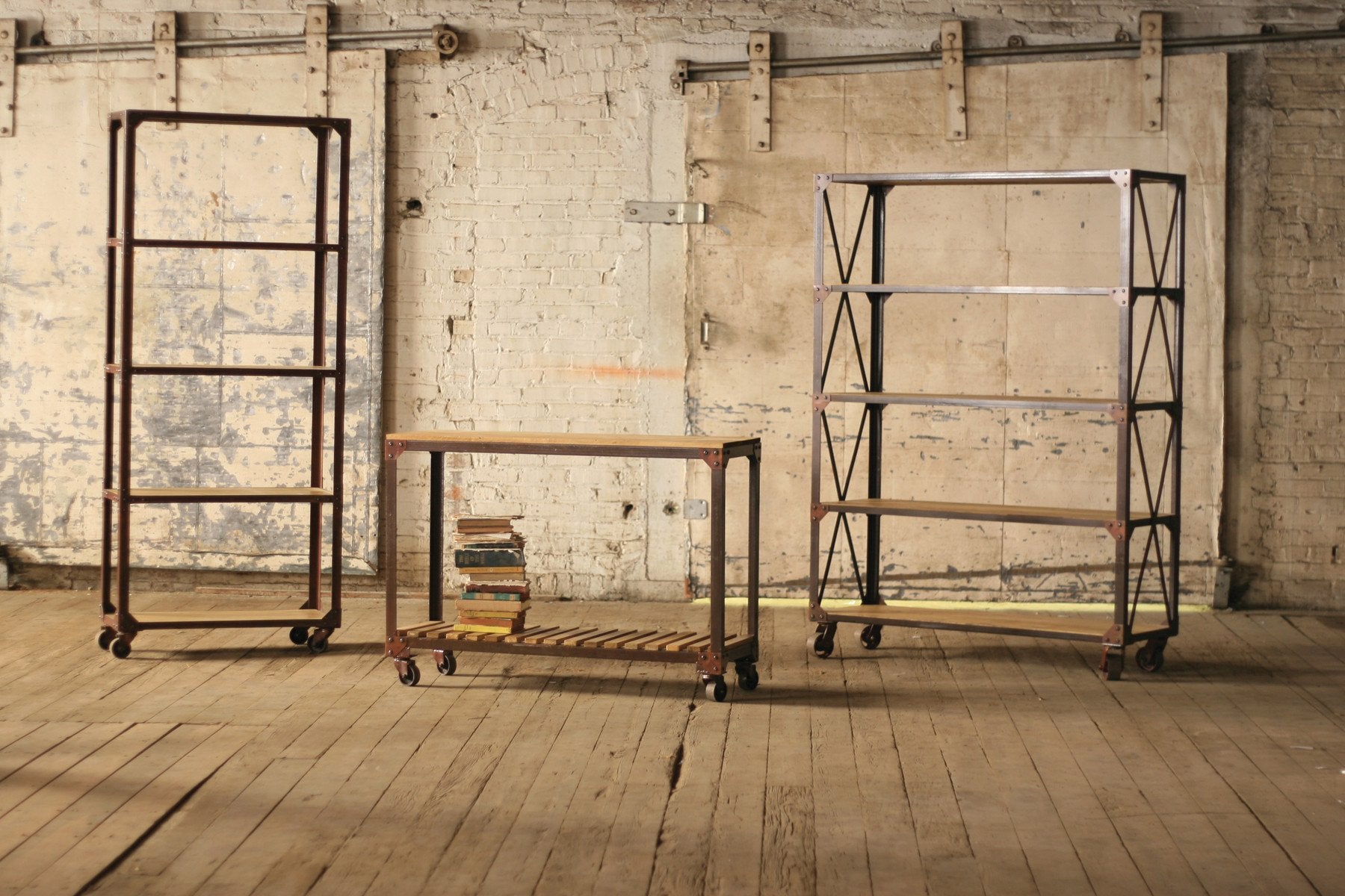 Kalalou Tall Iron And Wood Display With Five Shelves And Iron Casters