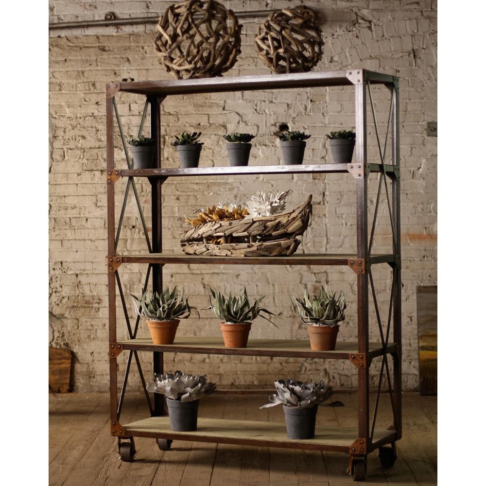 Kalalou Tall Iron And Wood Display With Five Shelves And Iron Casters