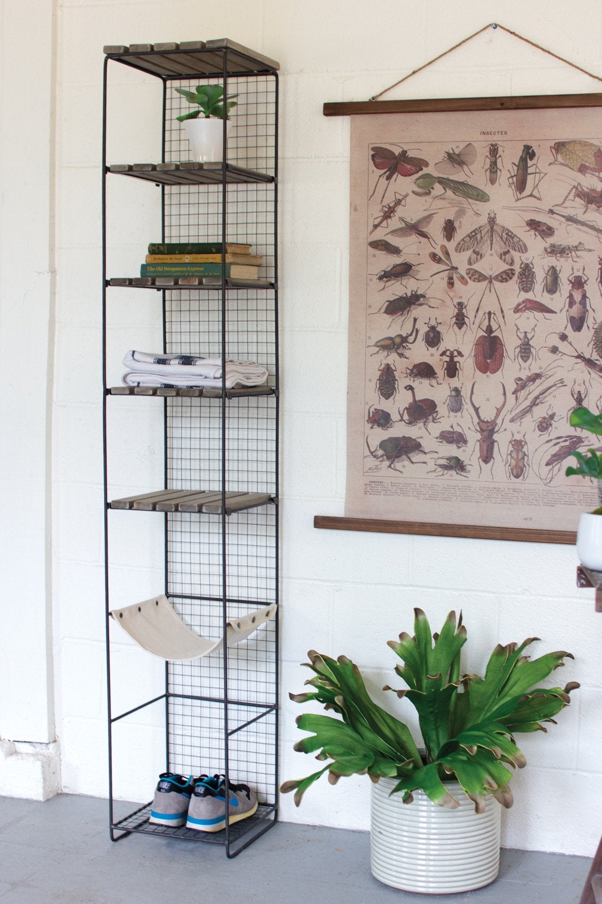 Kalalou Wood And Metal Storage Tower With Canvas Sling Shelf