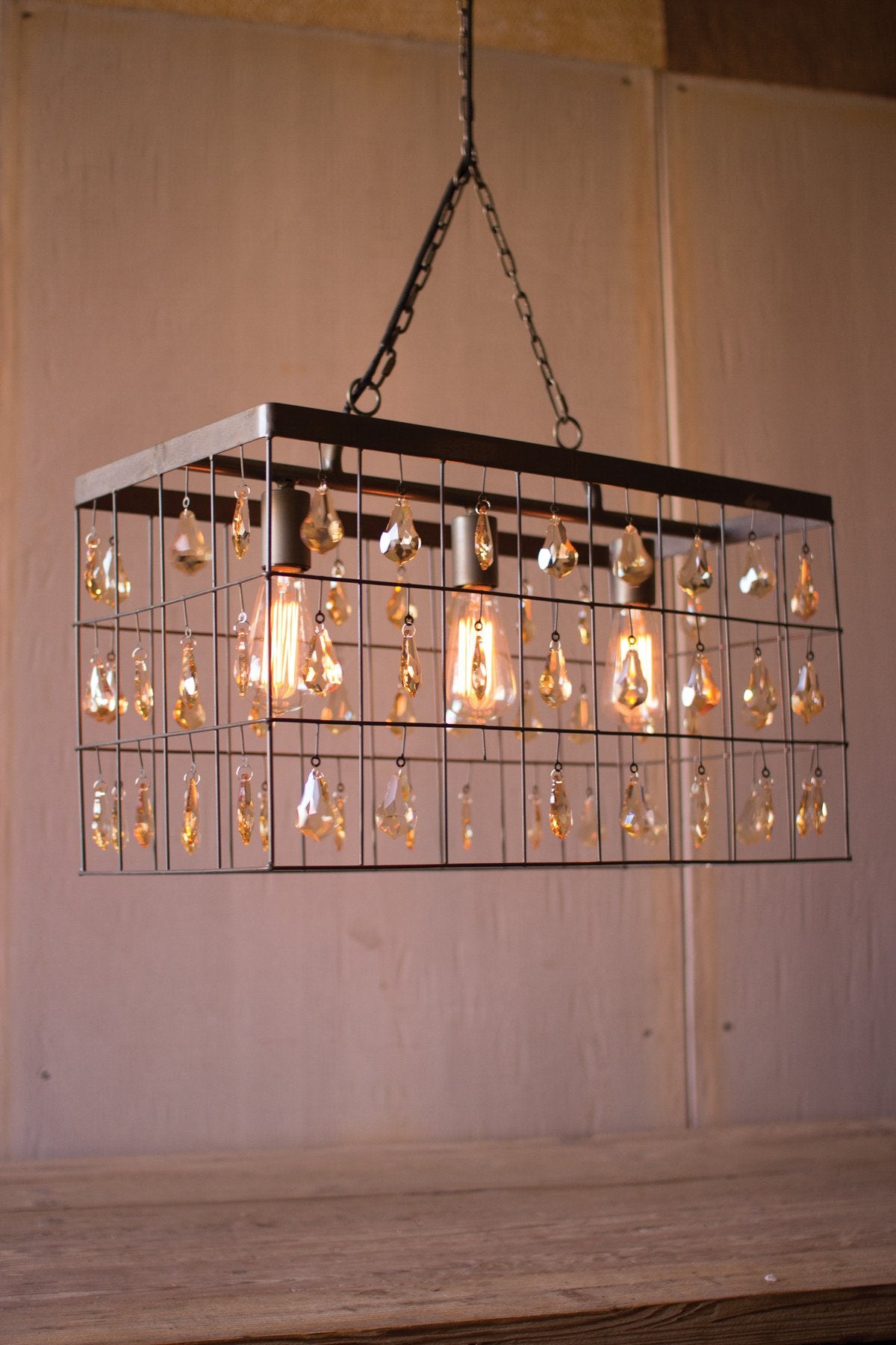 Kalalou Large Rectangle Pendant Light With Amber Glass Gems