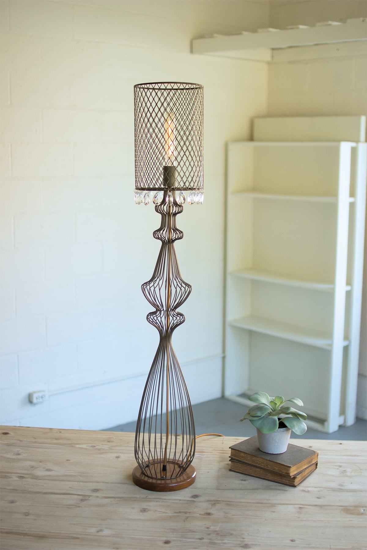 Kalalou Wire Table Lamp W/Metal Mesh Shade & Hanging Gems