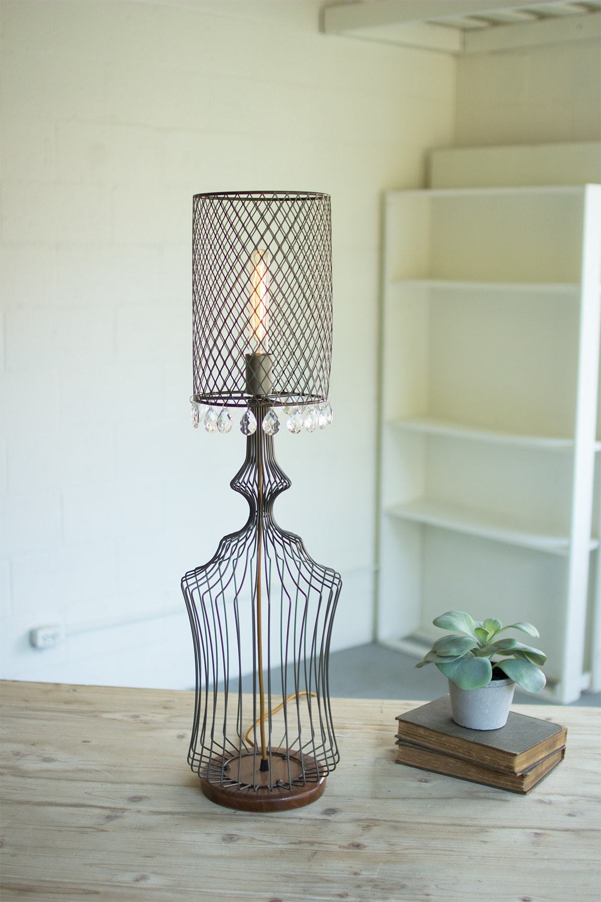 Kalalou Wire Table Lamp W/Metal Mesh Shade & Hanging Gems