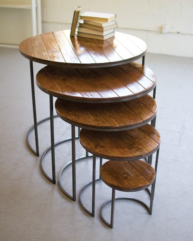 Kalalou Set Of 5 Round Wood And Metal Display Tables
