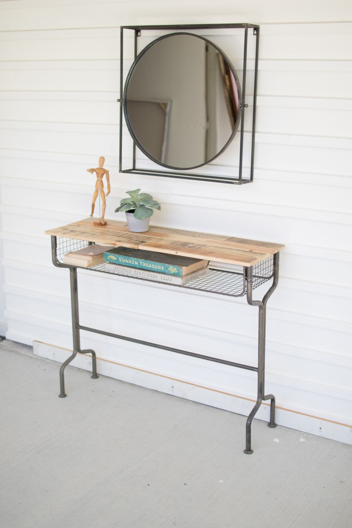 Kalalou Metal School Desk Console Table With Recycled Wood Top