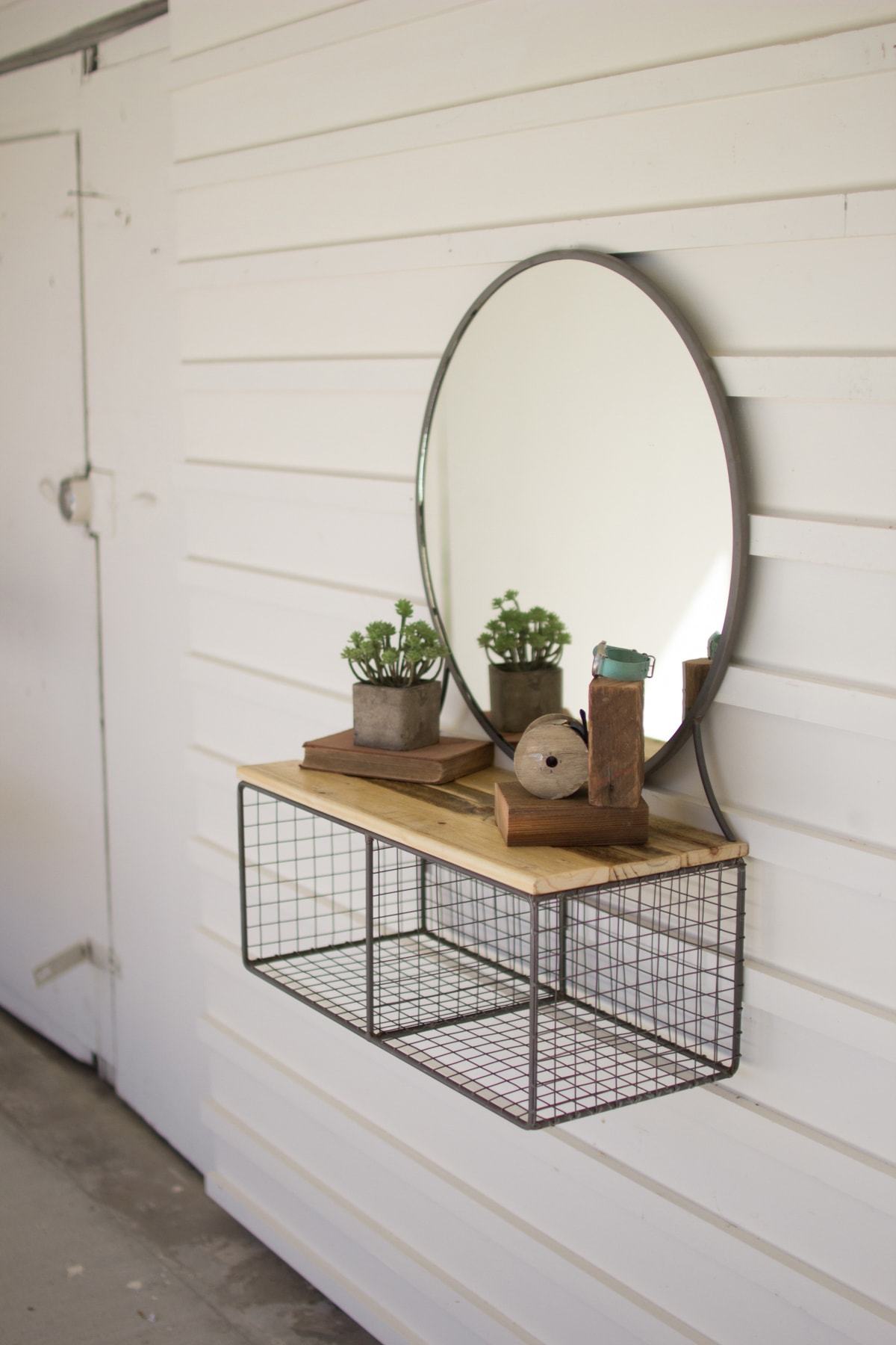 Kalalou Round Metal Framed Mirror With Two Cubbies And Recycled Wood Shelf