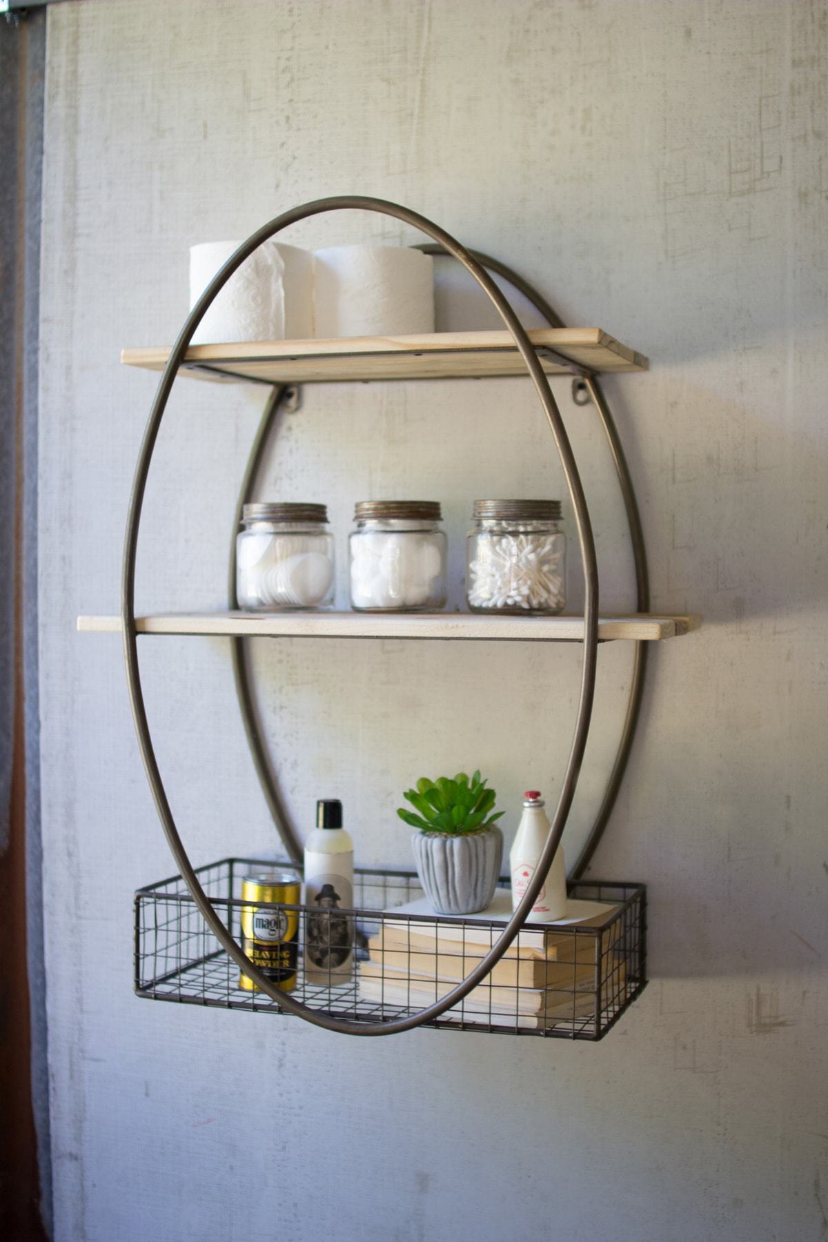 KalalouTall Oval Metal Wall Unit With Recycled Wood Shelves