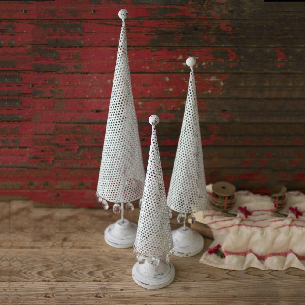 Kalalou Antique White Perforated Metal Trees With Glass Gems - Set of 2