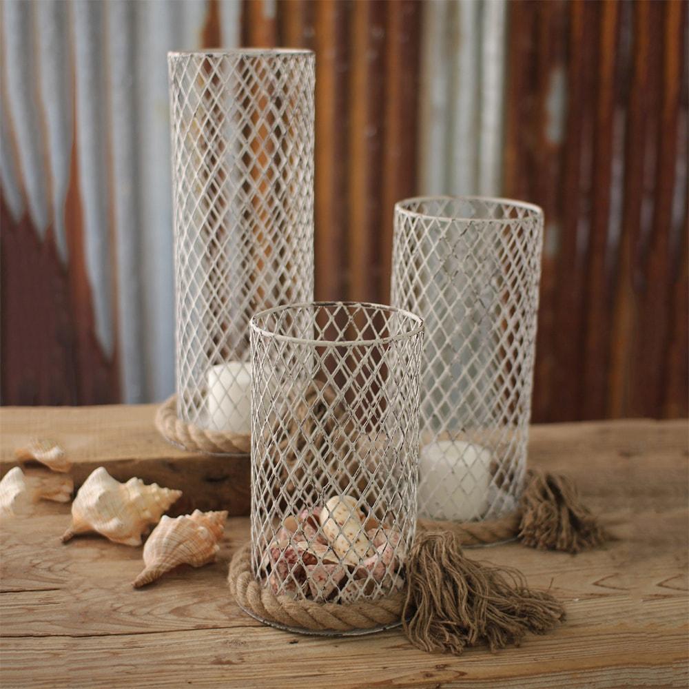 Kalalou Antique White Wire Mesh Cylinders With Rope Base - Set of 3