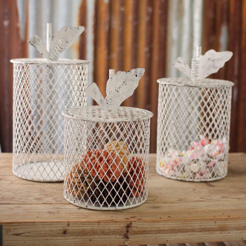 Kalalou Antique White Perforated Metal Pumpkin Canisters - Set of 3