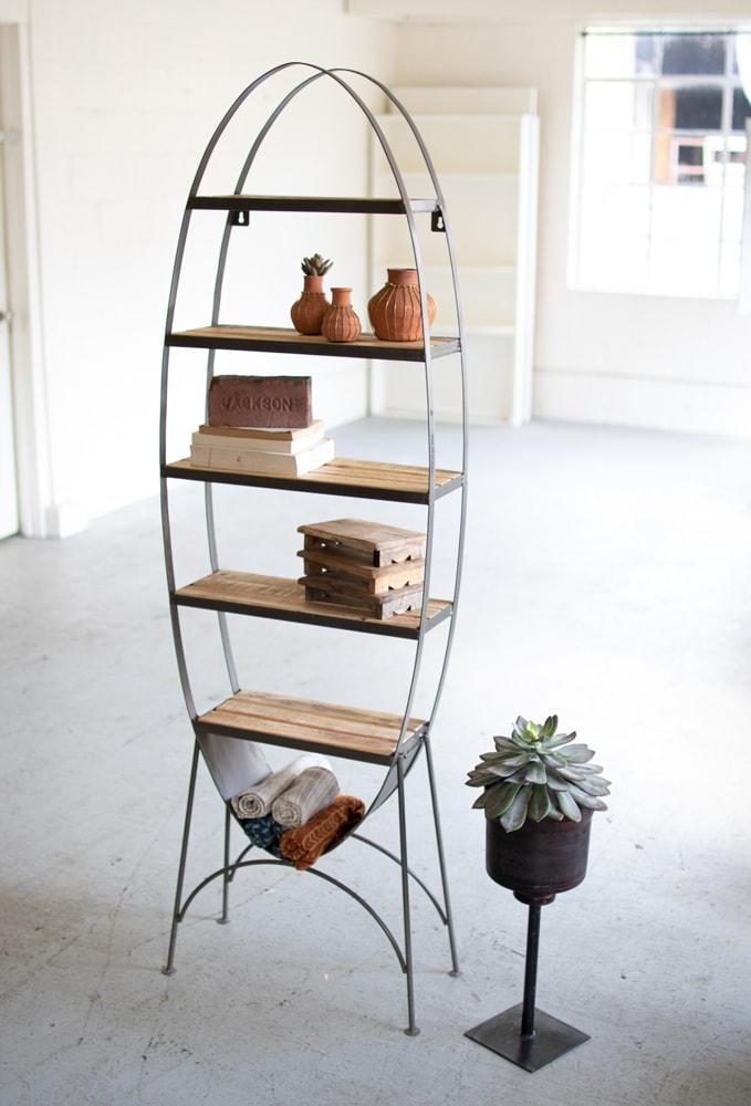 Kalalou Large Oval Recycled Wood & Iron Shelf On A Stand