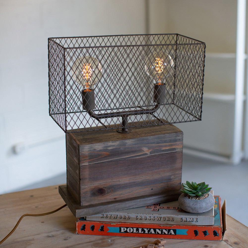 Kalalou Rectangle Recycled Wooden Table Lamp With Wire Mesh Shade
