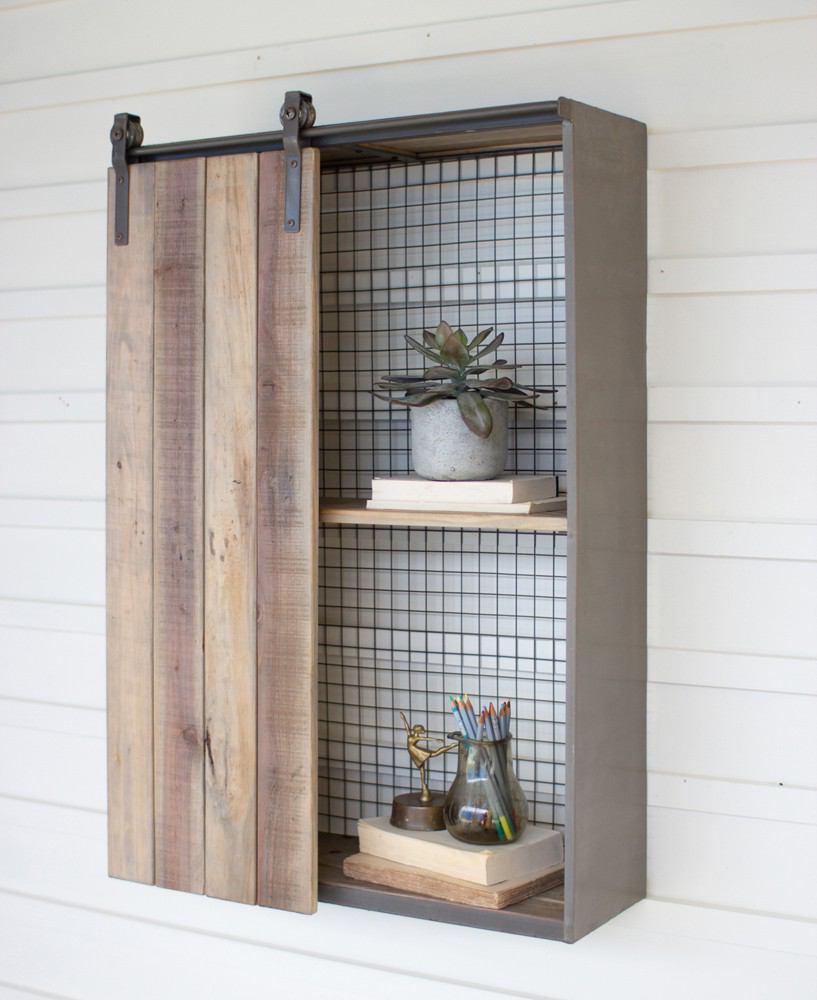 Kalalou Tall Recycled Wood And Metal Shelf With Rolling Door