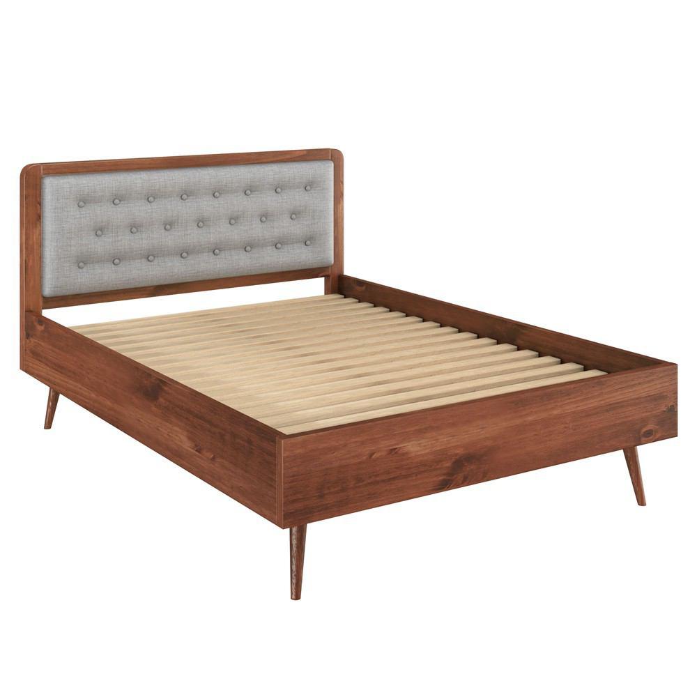 Manhattan Comfort Rustic - Modern 62" Tufted Bedford Queen Size Bed Frame with Headboard in Solid Pine Wood in Varnish and Grey