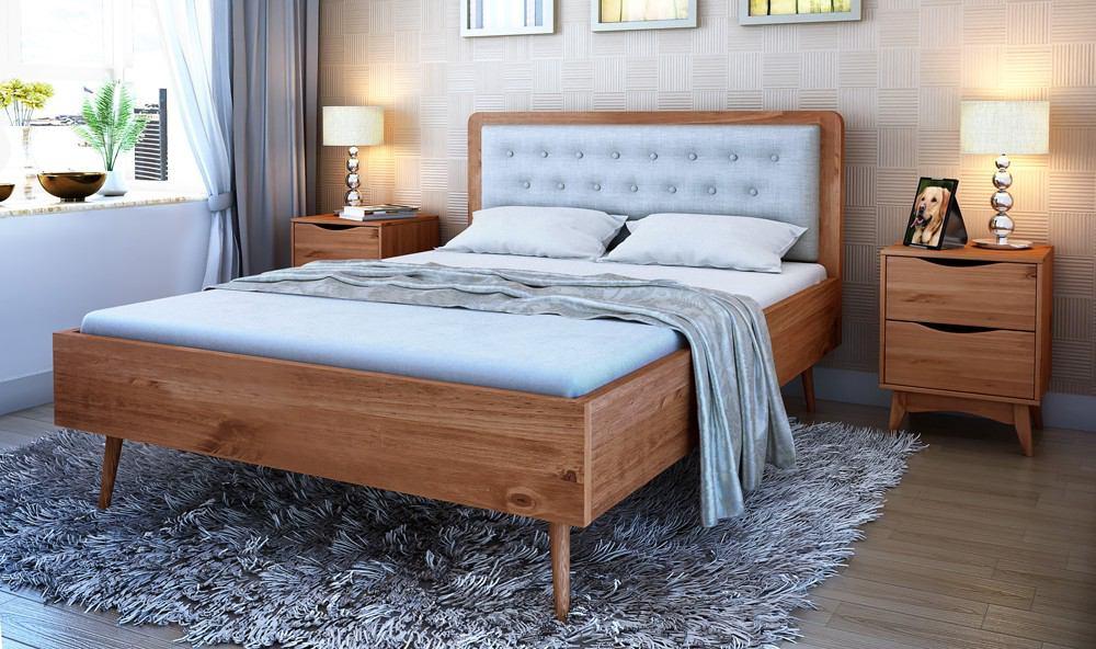 Manhattan Comfort Rustic - Modern 62" Tufted Bedford Queen Size Bed Frame with Headboard in Solid Pine Wood in Varnish and Grey