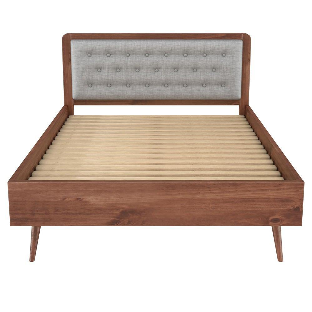 Manhattan Comfort Rustic - Modern 62" Tufted Bedford Queen Size Bed Frame with Headboard in Solid Pine Wood in Varnish and Grey