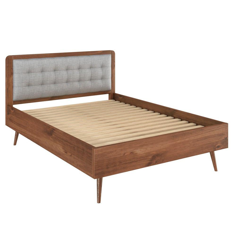 Manhattan Comfort Rustic Modern 62" Tufted Bedford 2.0 Queen-size Bed Frame with Headboard in Solid Pine Wood in Varnish and Grey