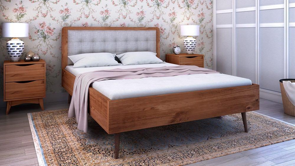 Manhattan Comfort Rustic Modern 62" Tufted Bedford 2.0 Queen-size Bed Frame with Headboard in Solid Pine Wood in Varnish and Grey