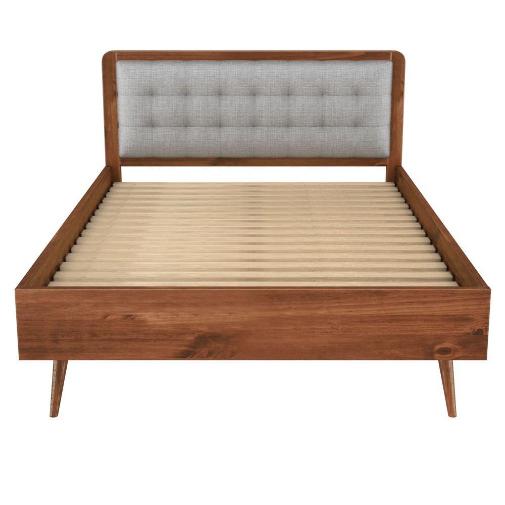 Manhattan Comfort Rustic Modern 62" Tufted Bedford 2.0 Queen-size Bed Frame with Headboard in Solid Pine Wood in Varnish and Grey