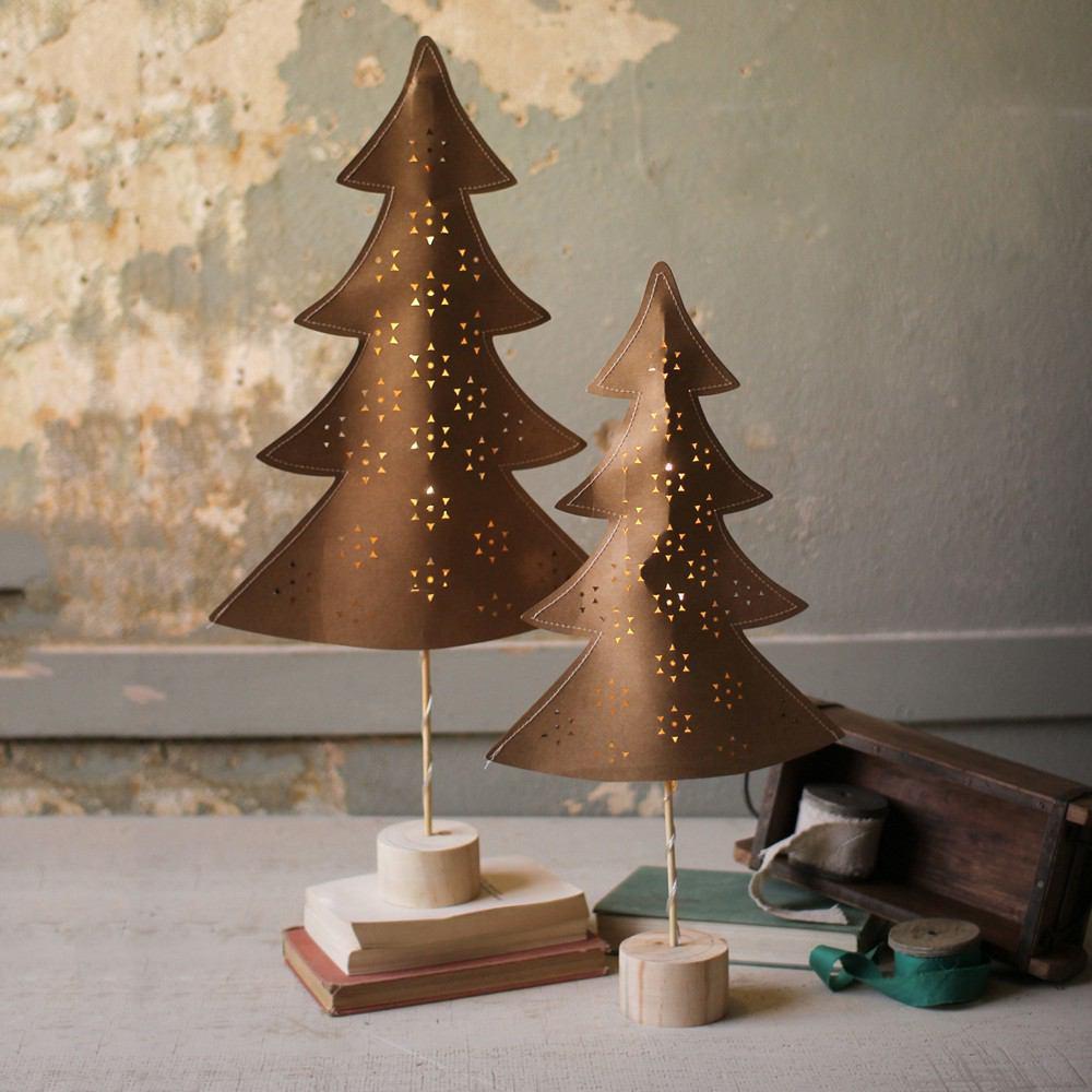 Kalalou Paper Trees On Wooden Bases With Led Lights - Set of 2