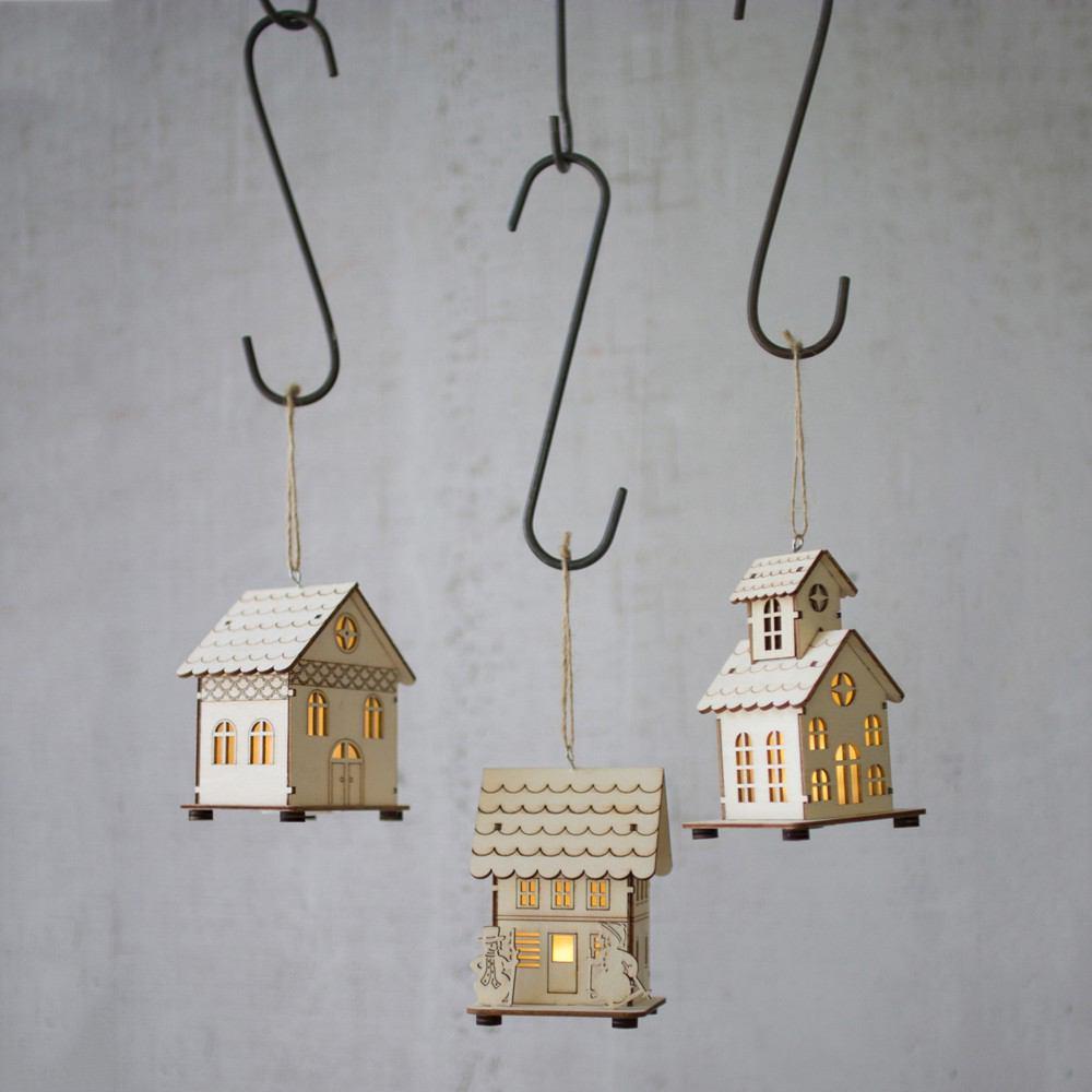 Kalalou Wooden Led House Ornaments - Set of 3
