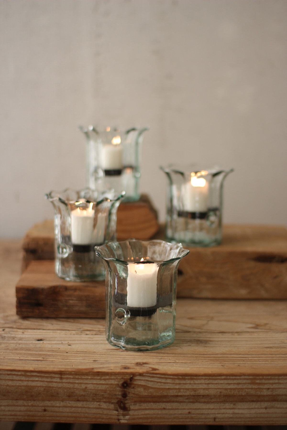 Kalalou Recycled Glass Mini Ribbed Votive Cylinder - Set of 4