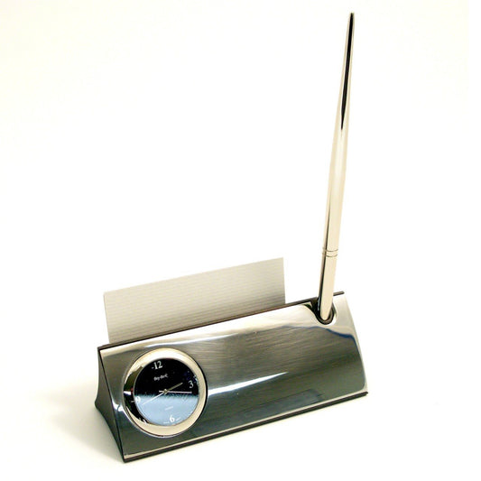Bey-Berk Leather Business Card Holder with Clock & Pen