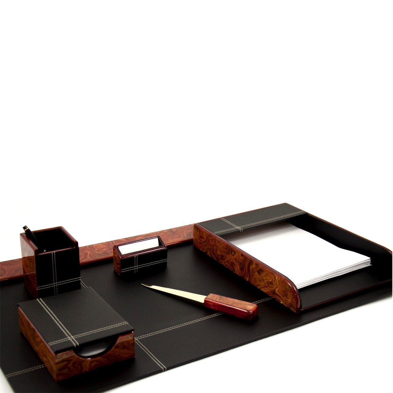 Bey-Berk 6 Piece "Burl Wood" Leather Desk Set