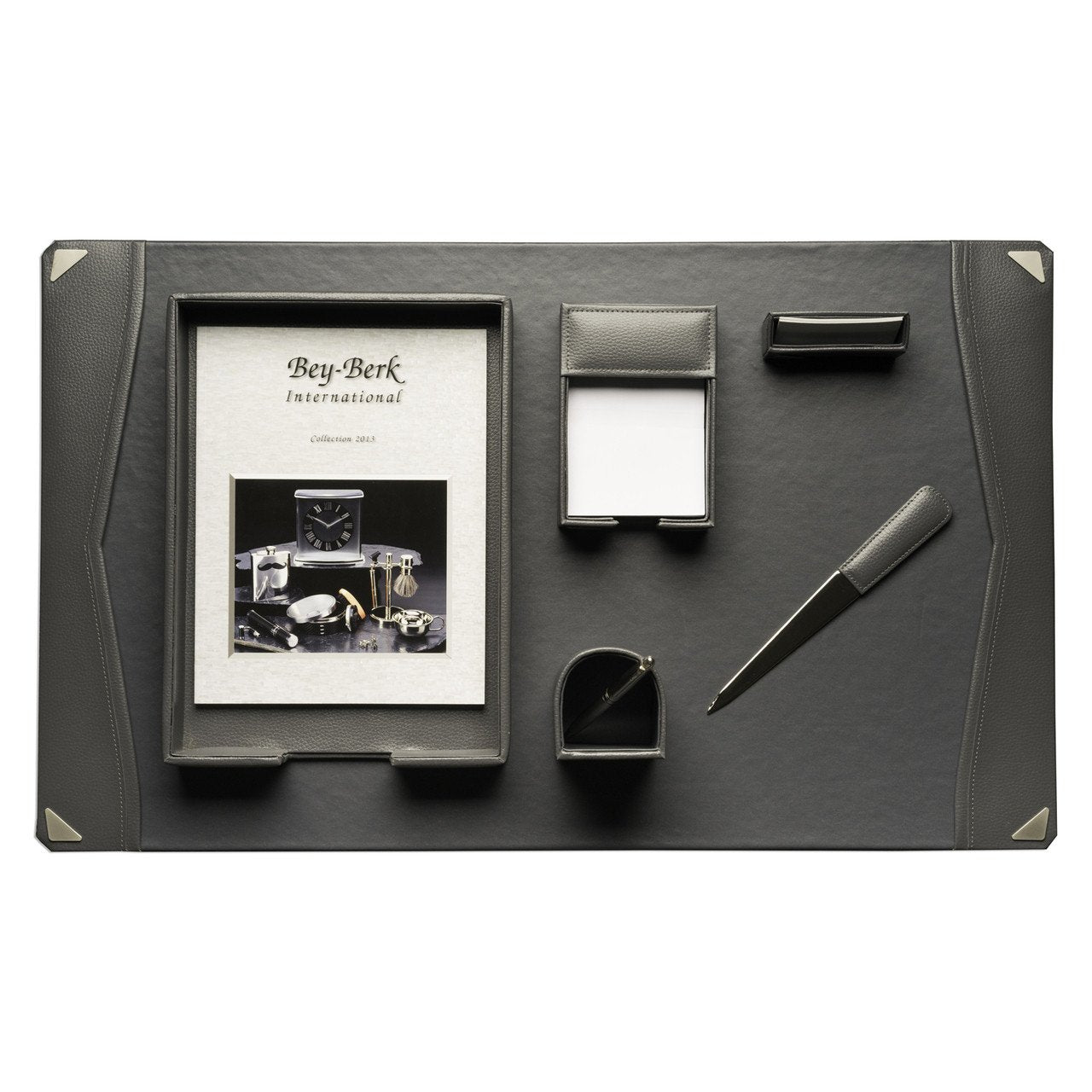 Bey-Berk 6 Piece Grey Leather Desk Set