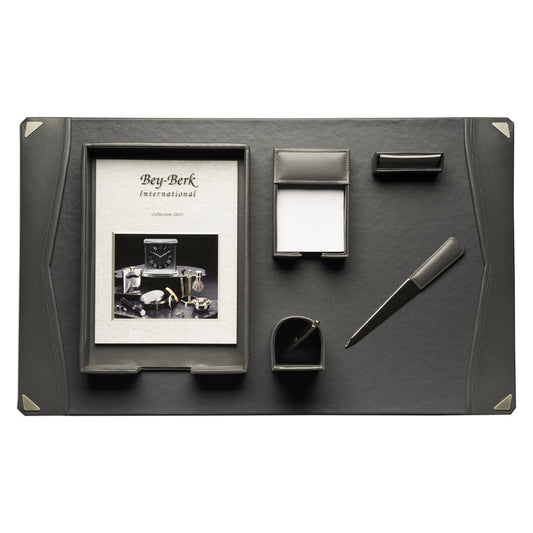 Bey-Berk 6 Piece Grey Leather Desk Set