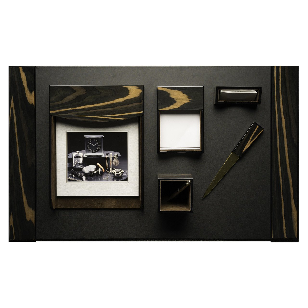 Bey-Berk 6 Piece "Ebony" Wood & Black Leather Desk Set