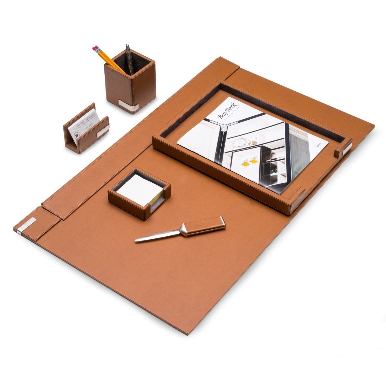 Bey-Berk 6 Piece Brown Leather Desk Set - D2011