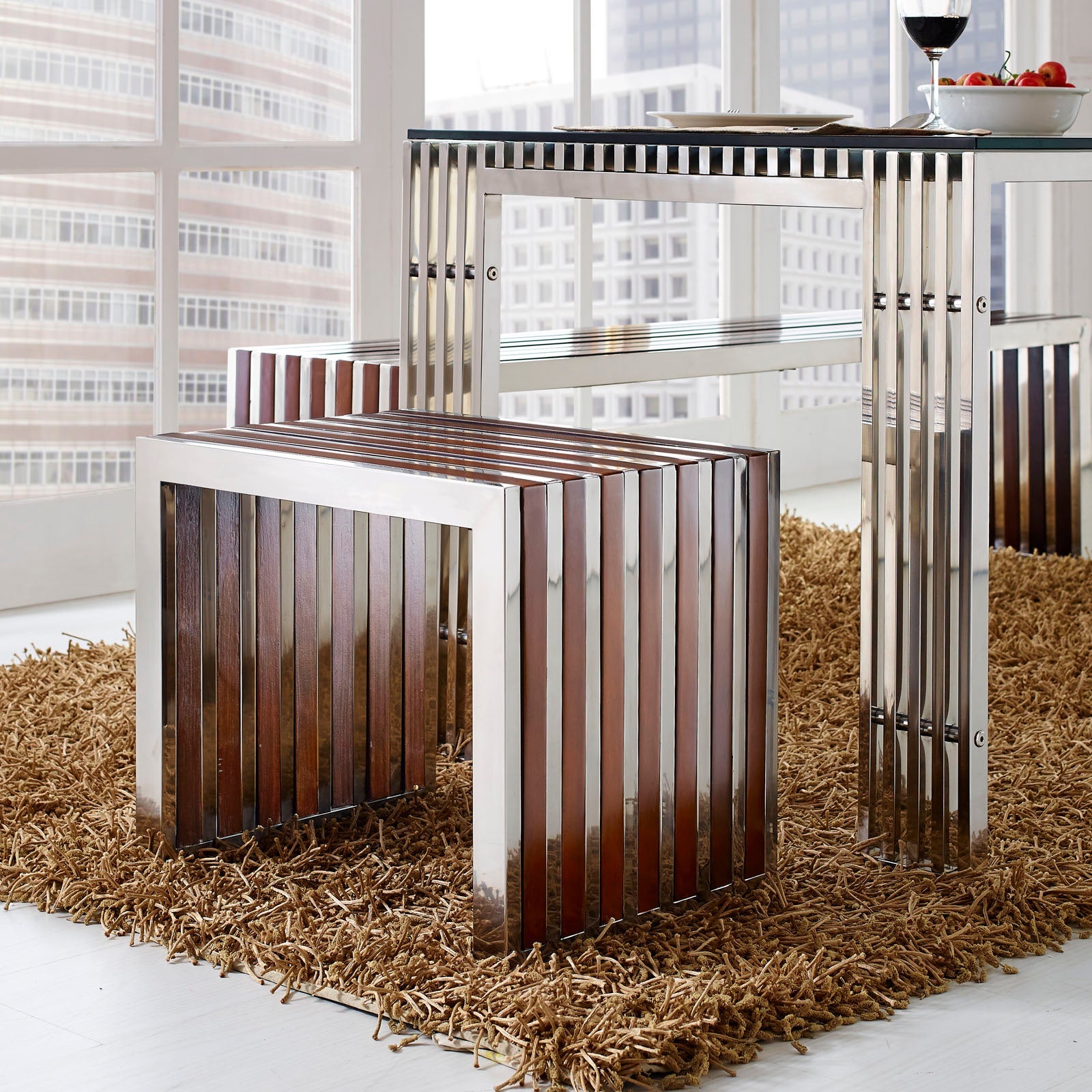 Modway Gridiron Small Wood Inlay Bench - Walnut | Stools & Benches