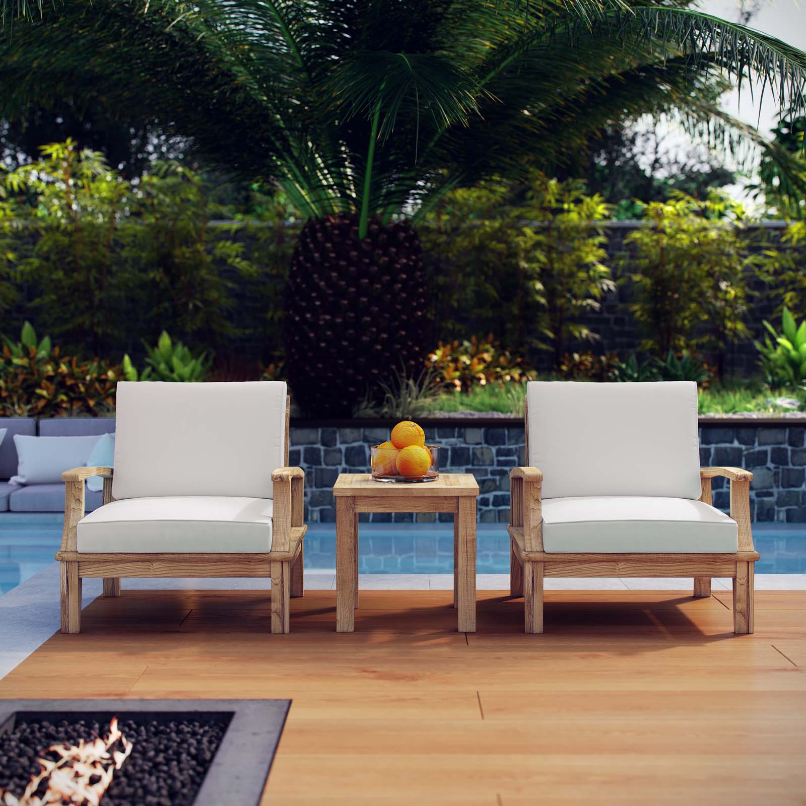 Modway EEI-1487 Marina 3 Piece Outdoor Patio Teak Sofa Set - Natural White | Outdoor Sofas, Loveseats & Sectionals